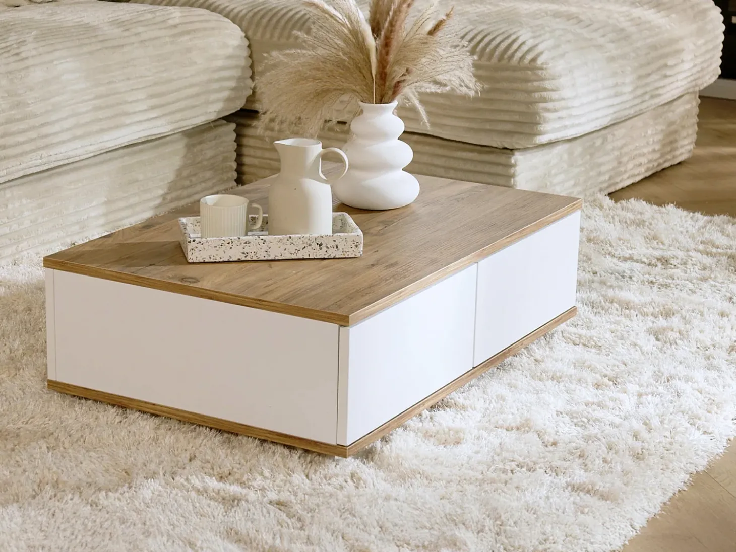 Mesa de centro com 2 portas - Natural e Branca - LOTULA
