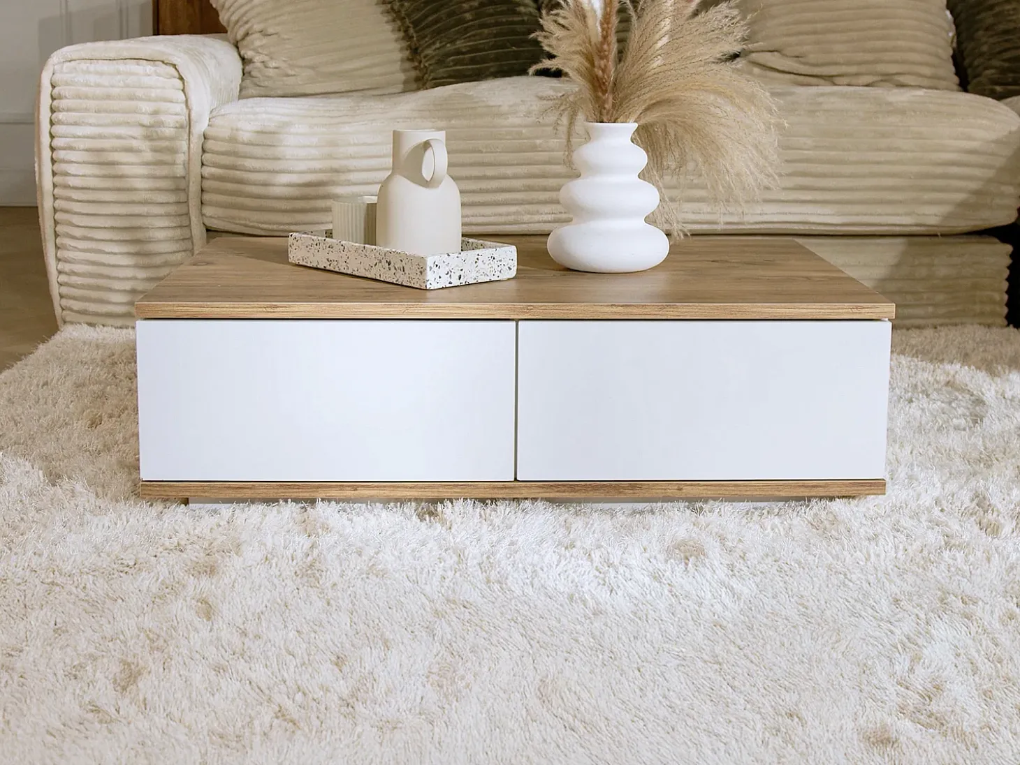 Mesa de centro com 2 portas - Natural e Branca - LOTULA
