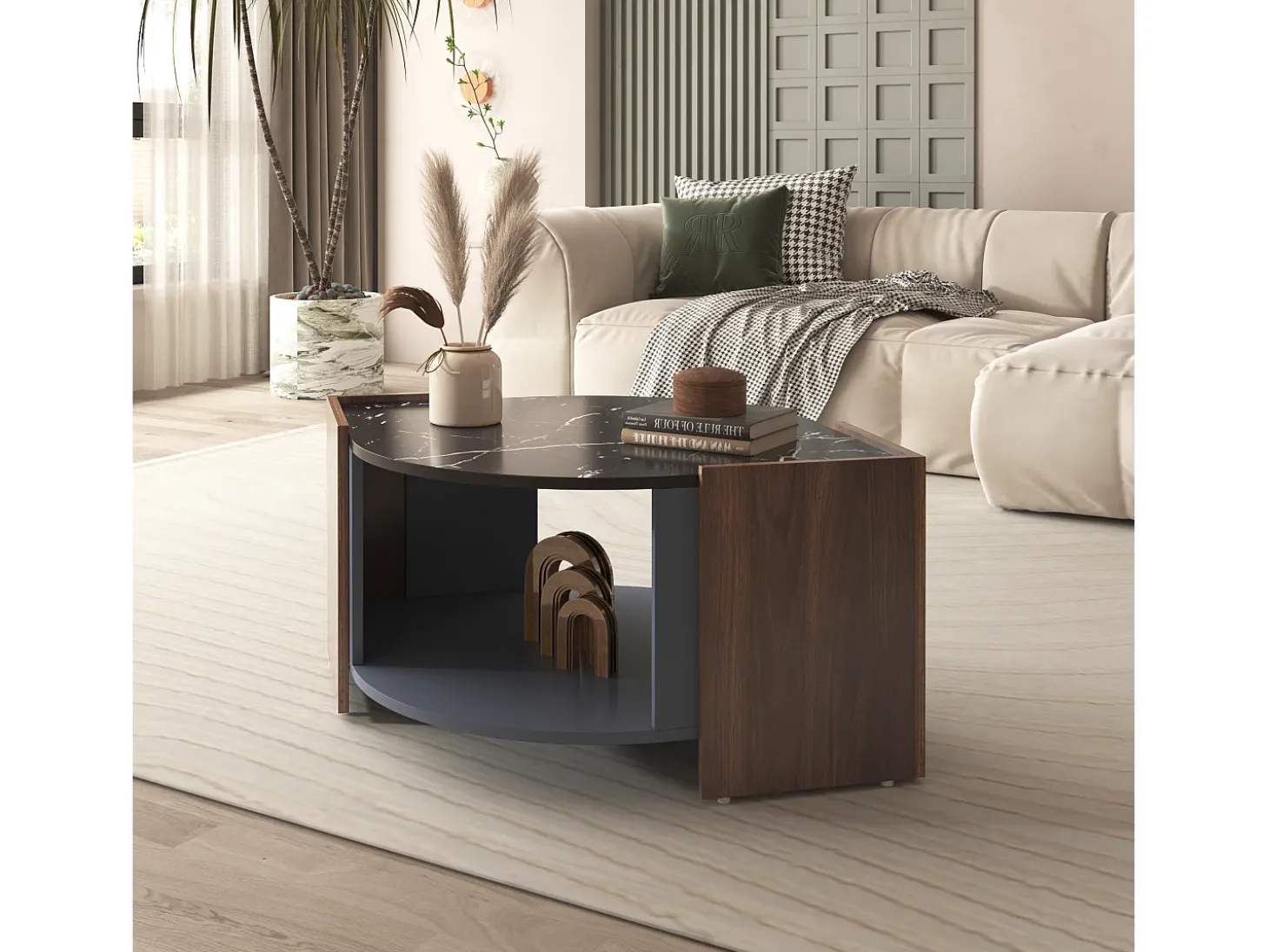 Mesa de centro com 2 prateleiras, aglomerado, estilo moderno, preto e marrom, 96,5L x 63L x 40Acm