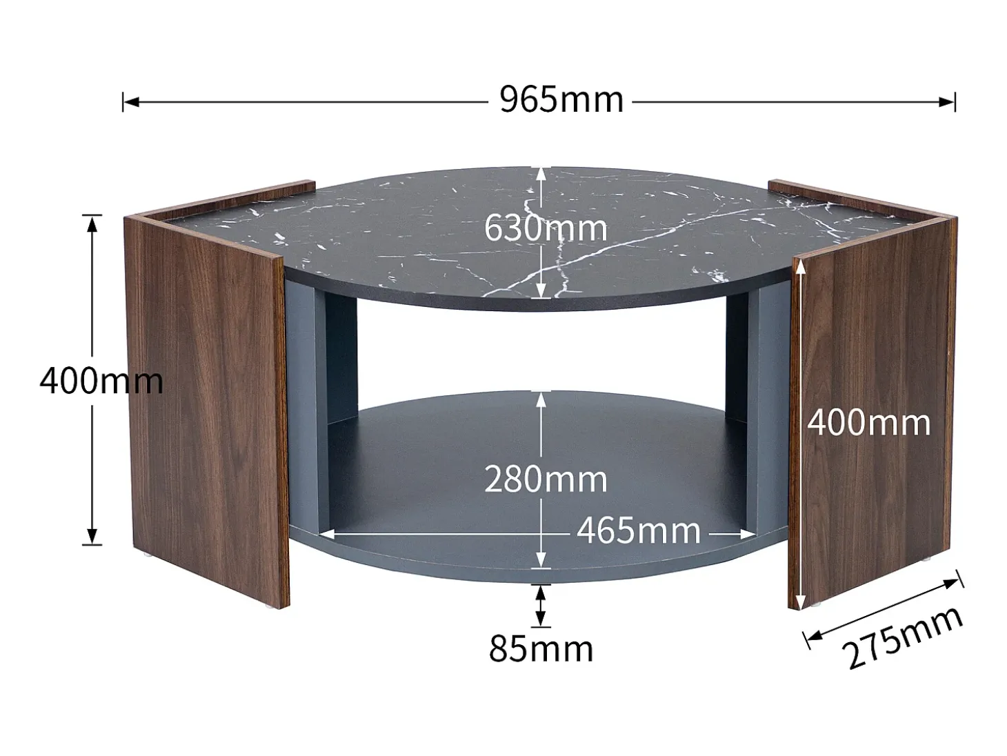 Mesa de centro com 2 prateleiras, aglomerado, estilo moderno, preto e marrom, 96,5L x 63L x 40Acm