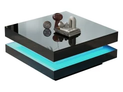 Mesa de centro com acabamento laqueado brilhante e tampo giratório 360° - com LEDs - 70 x 70 x 36 cm - aglomerado - preta