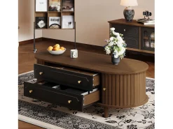 Mesa de centro com acabamento em nogueira - 100 x 50 x 36 cm - com 2 gavetas + porta de enrolar - aglomerado - marrom