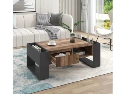 Mesa de centro com compartimentos de armazenamento em ambos os lados, mesa de sofá para sala de estar, madeira + cinza escuro