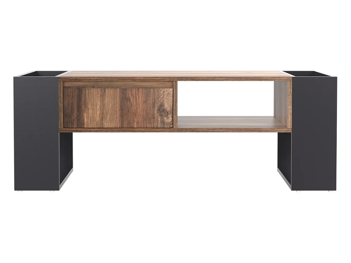 Mesa de centro com compartimentos de armazenamento em ambos os lados, mesa de sofá para sala de estar, madeira + cinza escuro