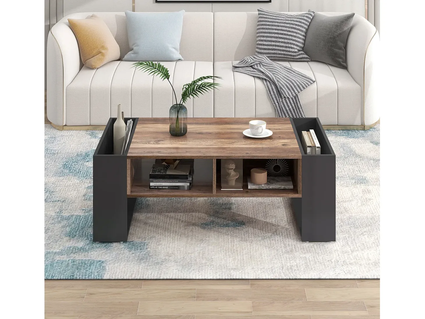 Mesa de centro com compartimentos de armazenamento em ambos os lados, mesa de sofá para sala de estar, madeira + cinza escuro