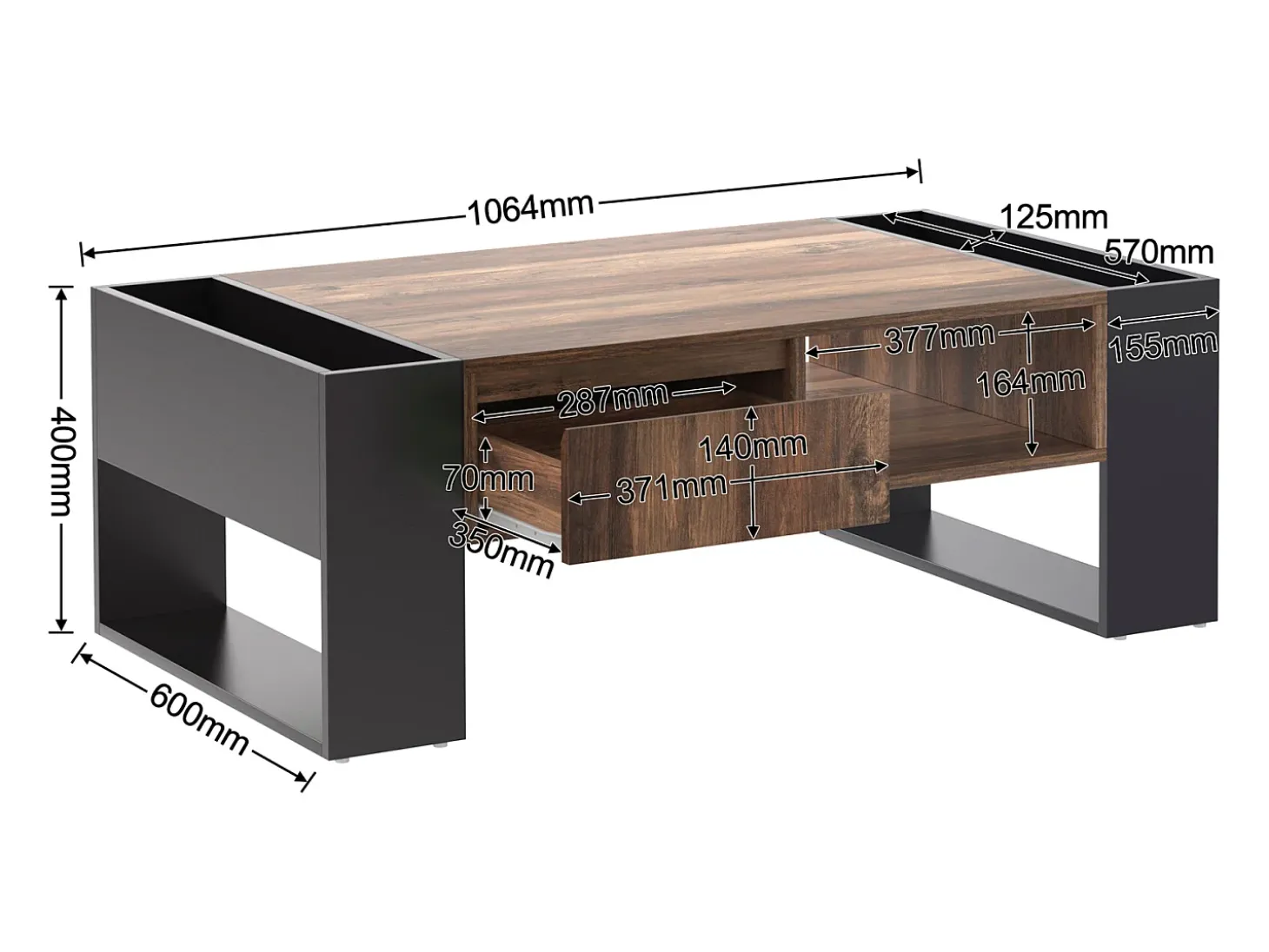 Mesa de centro com compartimentos de armazenamento em ambos os lados, mesa de sofá para sala de estar, madeira + cinza escuro