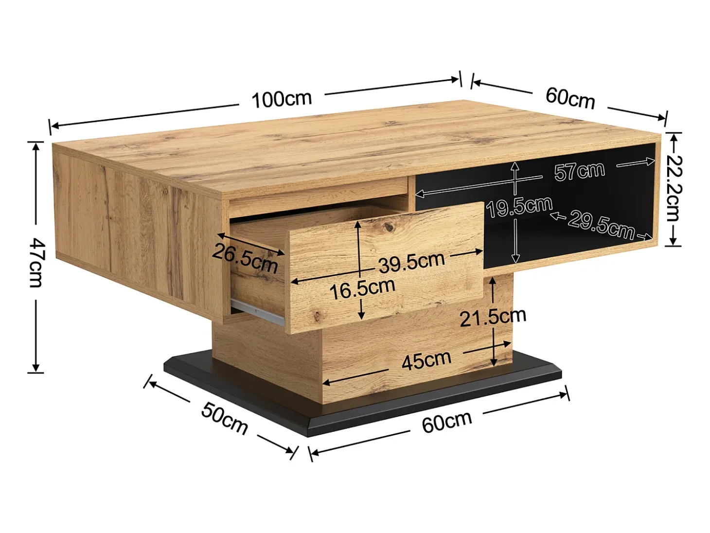 Mesa de centro com efeito madeira, 1 gaveta sem puxador, espaço duplo para armazenamento, ampla área de armazenamento, ideal para sala de estar ou escritório.