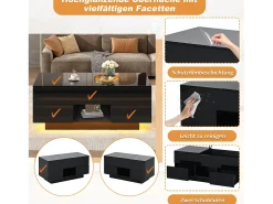 Mesa de centro com elevatório e acabamento laqueado de alto brilho - 100 x 45 x 43 cm - com 2 gavetas + LEDs + espaço de armazenamento oculto - aglomerado - preto