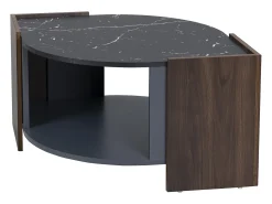 Mesa de centro com espaço de arrumação - Tampo com efeito mármore - Preto e nogueira