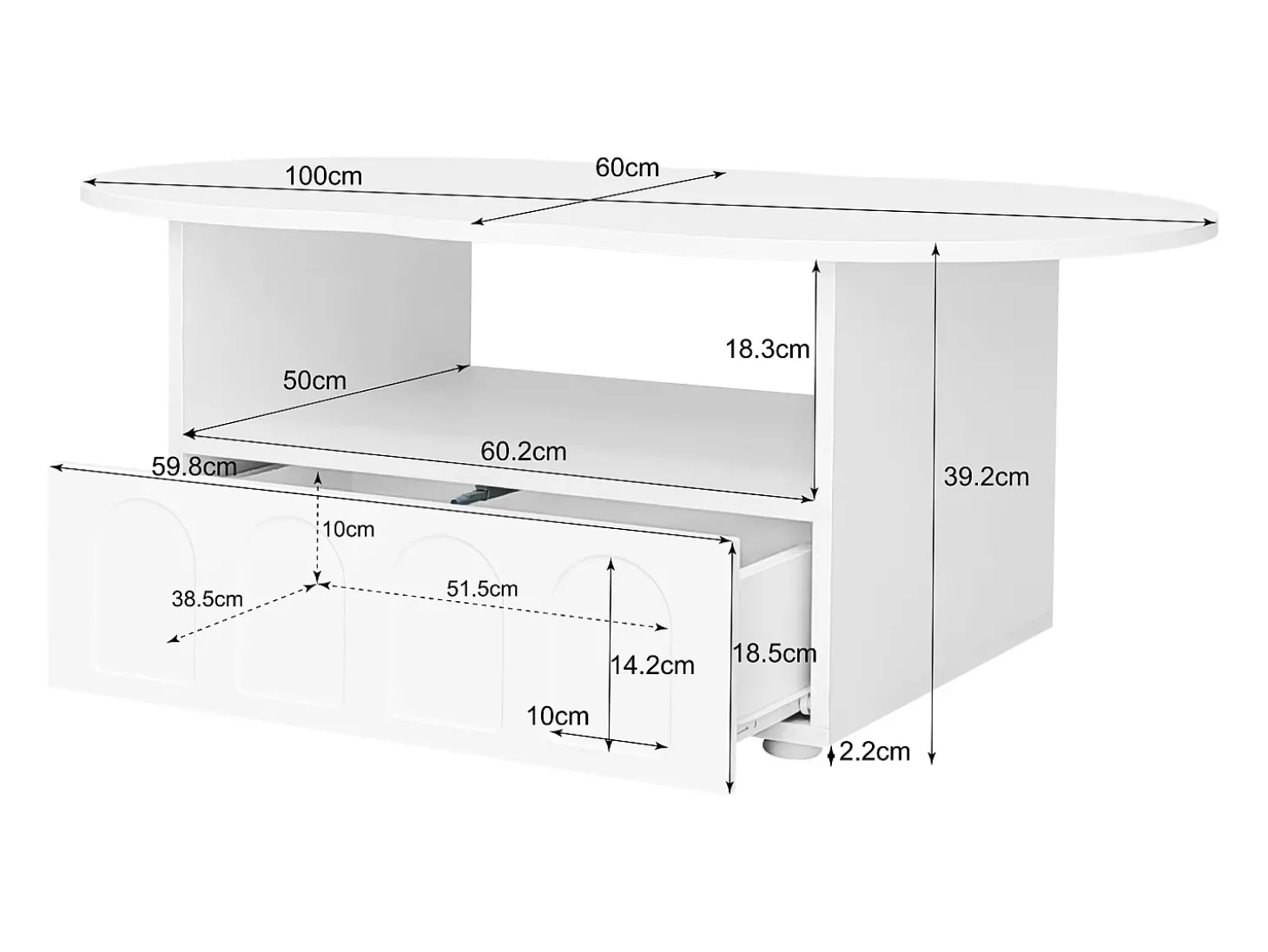 Mesa de centro com gaveta e compartimento - 100 x 60 x 39,2 cm - Aglomerado - Formato de nuvem - Cor branca