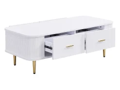 Mesa de centro com gavetas, cantos curvos, mesa de centro com laterais onduladas, pegas e pés dourados, mesa de apoio