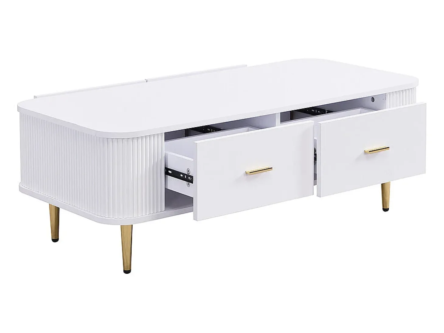 Mesa de centro com gavetas, cantos curvos, mesa de centro com laterais onduladas, pegas e pés dourados, mesa de apoio