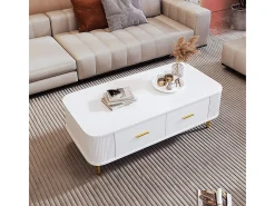 Mesa de centro com gavetas, cantos curvos, mesa de centro com laterais onduladas, pegas e pés dourados, mesa de apoio