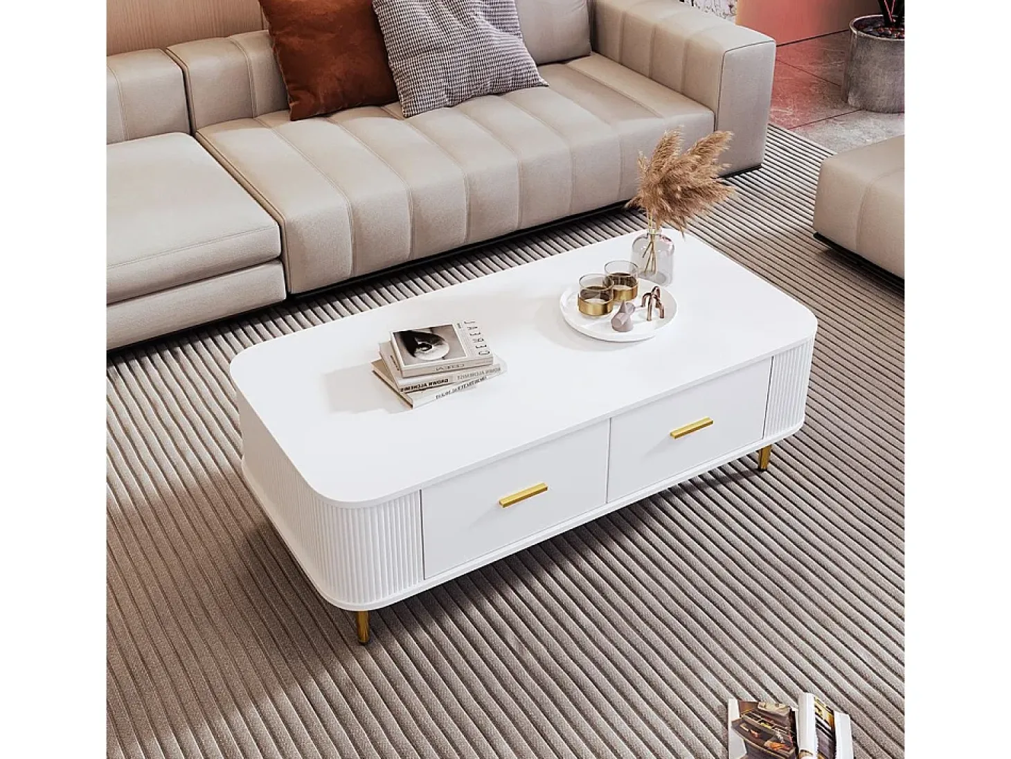 Mesa de centro com gavetas, cantos curvos, mesa de centro com laterais onduladas, pegas e pés dourados, mesa de apoio