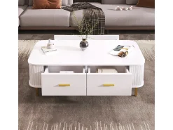 Mesa de centro com gavetas, cantos curvos, mesa de centro com laterais onduladas, pegas e pés dourados, mesa de apoio