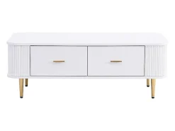 Mesa de centro com gavetas, cantos curvos, mesa de centro com laterais onduladas, pegas e pés dourados, mesa de apoio
