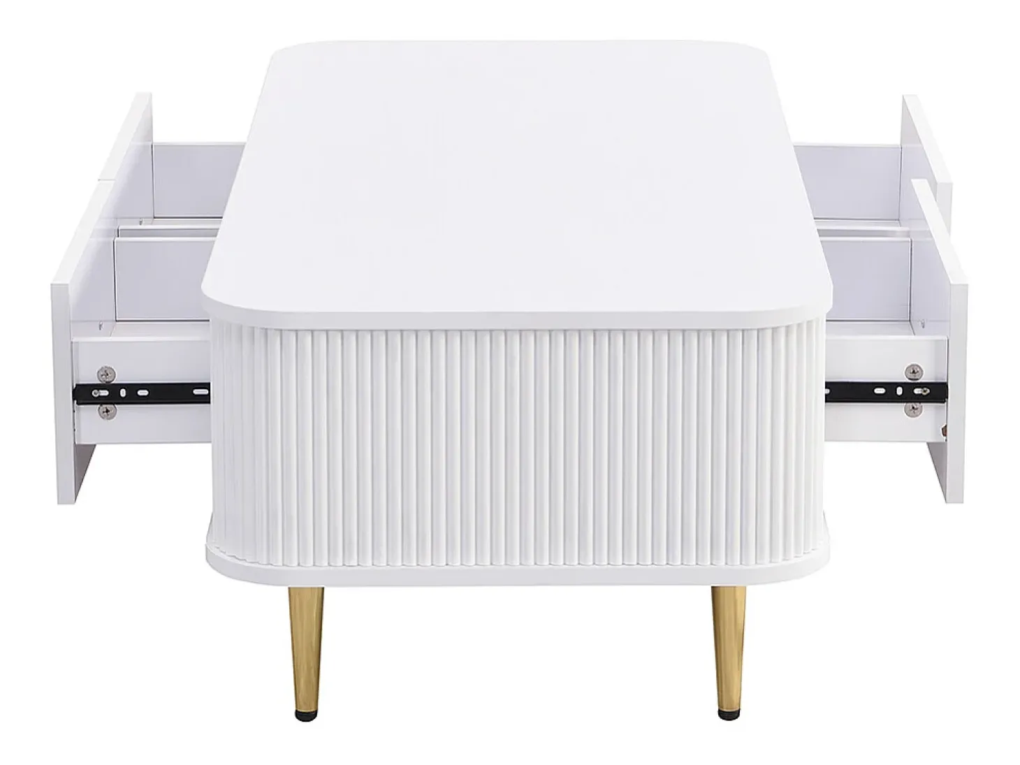 Mesa de centro com gavetas, cantos curvos, mesa de centro com laterais onduladas, pegas e pés dourados, mesa de apoio