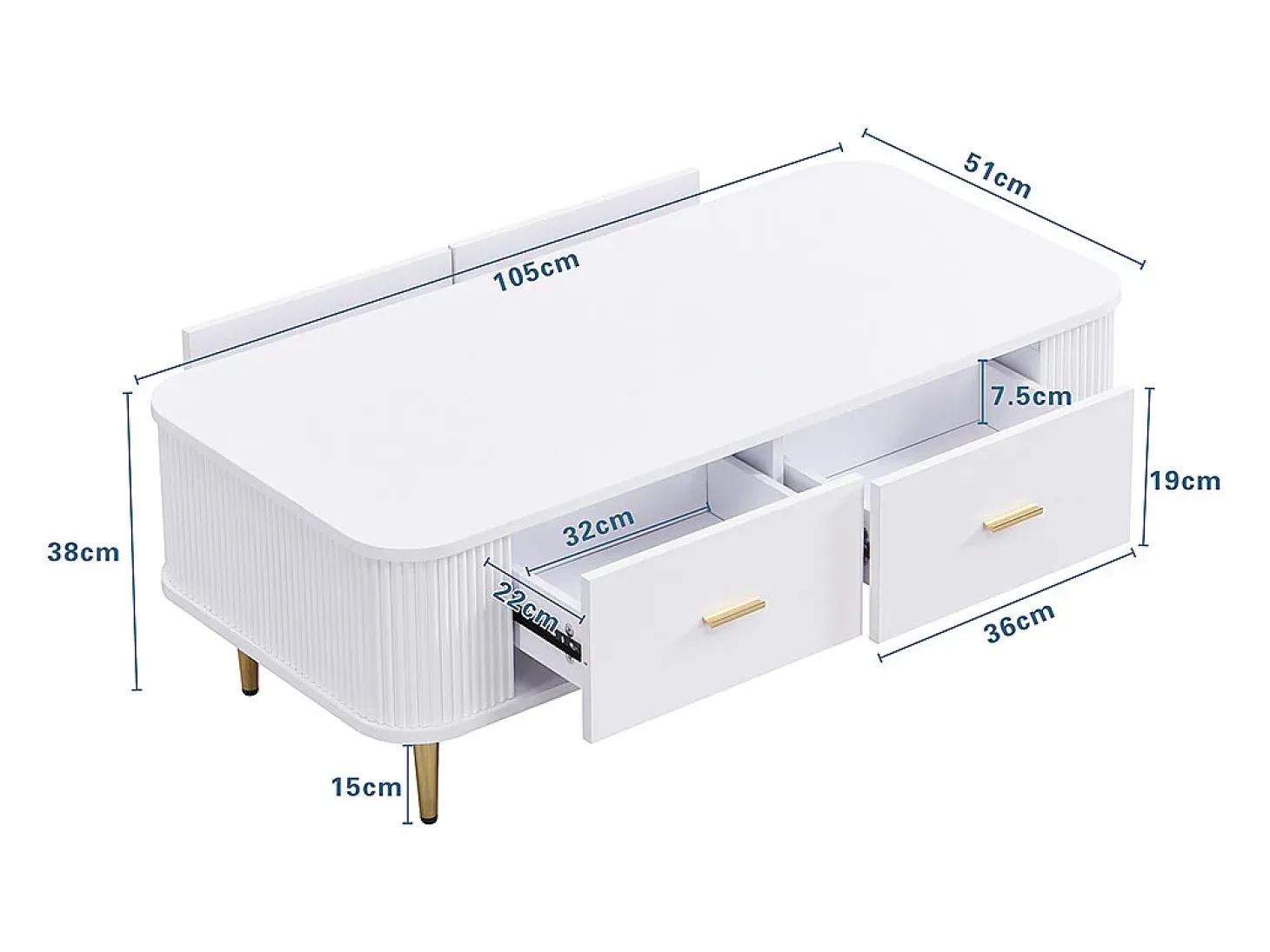 Mesa de centro com gavetas, cantos curvos, mesa de centro com laterais onduladas, pegas e pés dourados, mesa de apoio