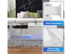 Mesa de centro com gaveta grande - 100x50x32 cm - LEDs - tampo de vidro - Aglomerado - Branco brilhante