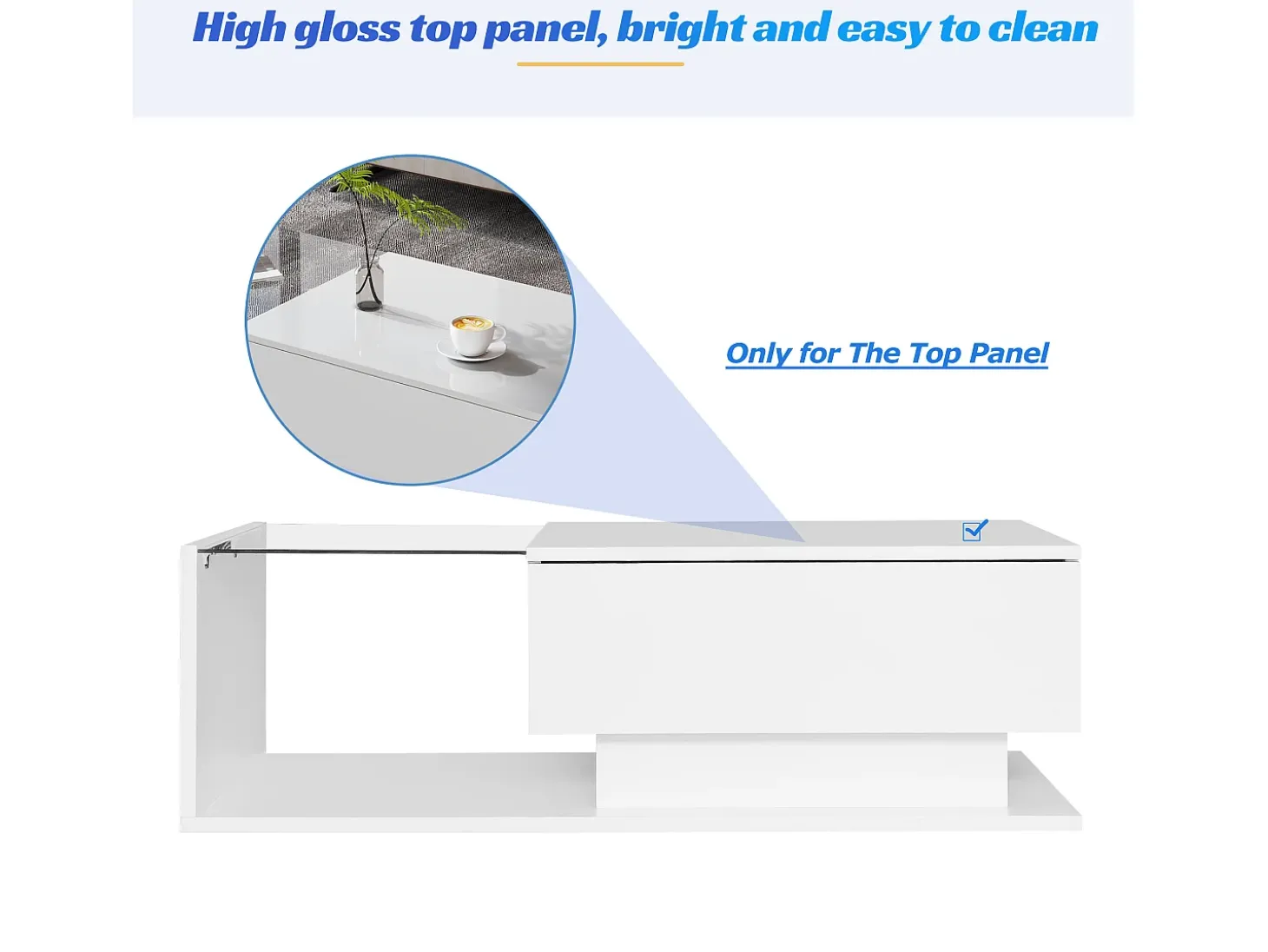 Mesa de centro com gaveta grande - 100x50x32 cm - LEDs - tampo de vidro - Aglomerado - Branco brilhante