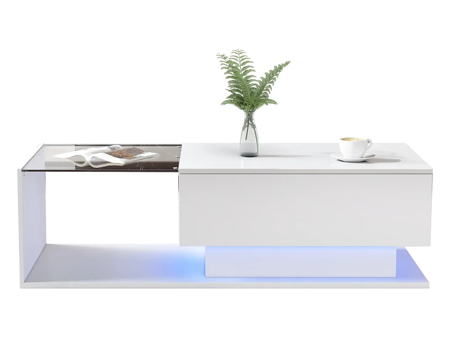 Mesa de centro com gaveta grande - 100x50x32 cm - LEDs - tampo de vidro - Aglomerado - Branco brilhante