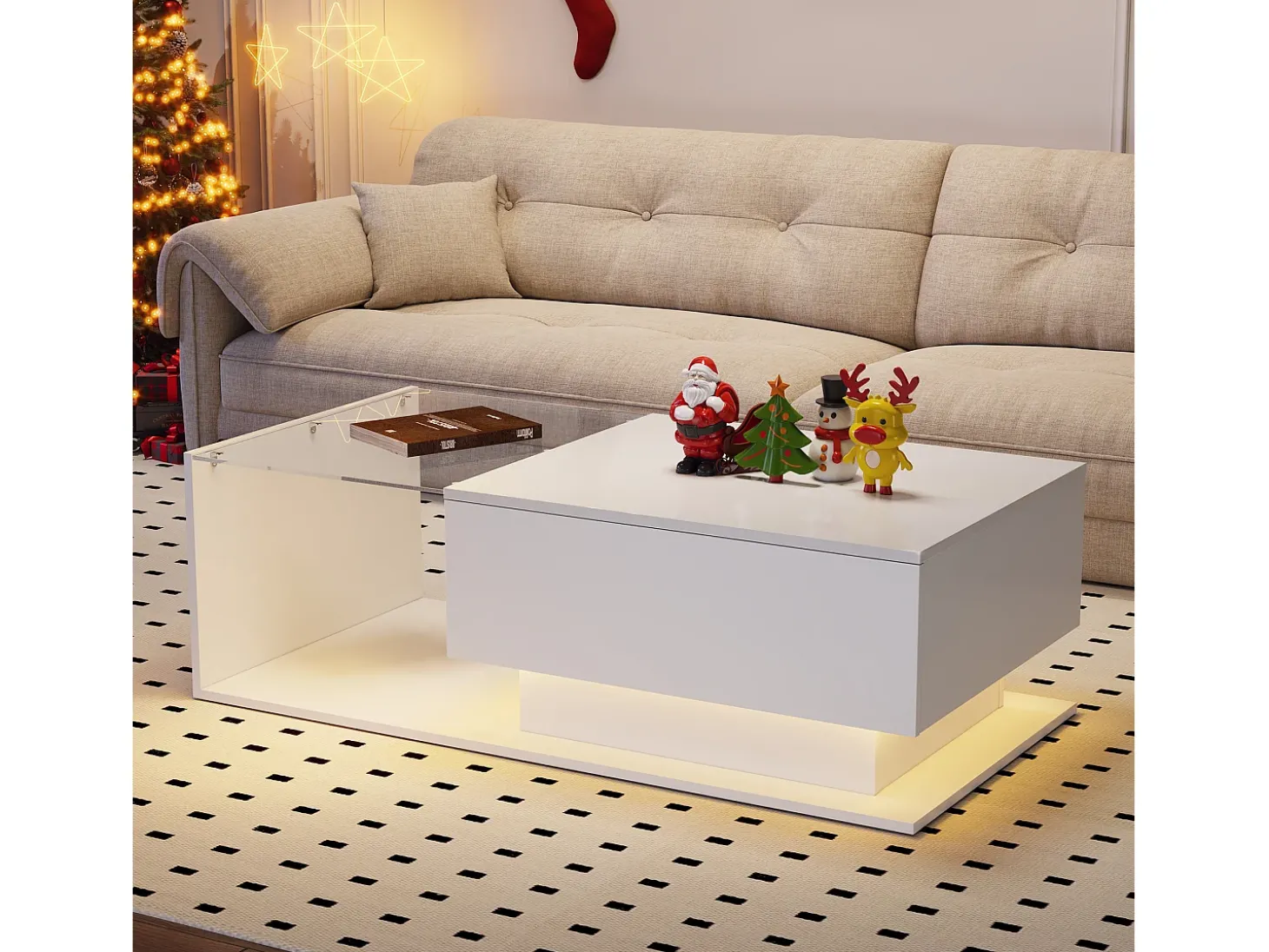 Mesa de centro com gaveta grande - 100x50x32 cm - LEDs - tampo de vidro - Aglomerado - Branco brilhante