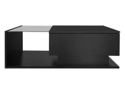 Mesa de centro com iluminação LED e 1 gaveta - Acabamento em preto brilhante - Tampo semi-transparente