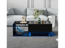 Mesa de centro com iluminação LED e 1 gaveta - Acabamento em preto brilhante - Tampo semi-transparente
