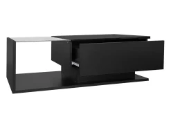 Mesa de centro com iluminação LED e 1 gaveta - Acabamento em preto brilhante - Tampo semi-transparente