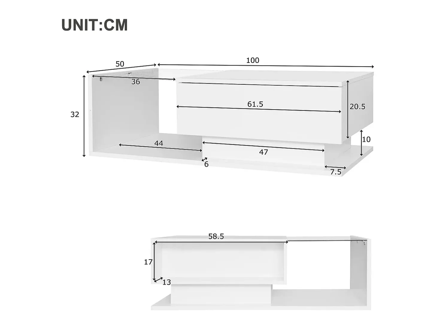 Mesa de centro com iluminação LED - com tampo de vidro e gavetas - Branca