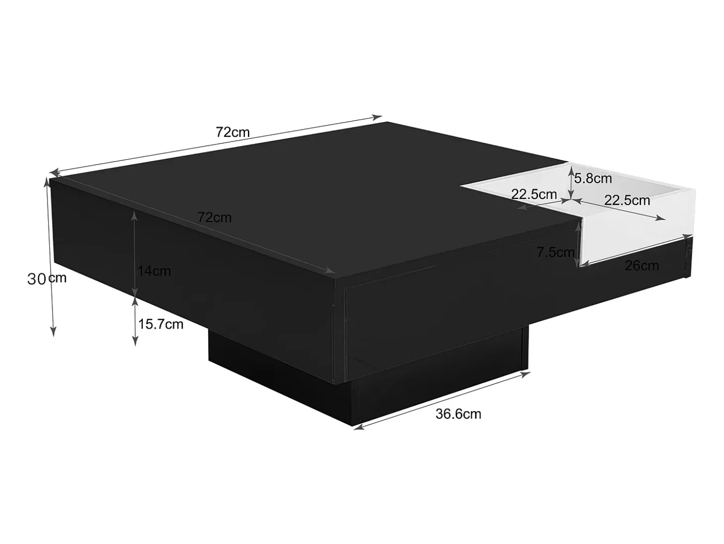 Mesa de centro com iluminação LED e caixa de arrumação amovível - Acabamento em preto brilhante