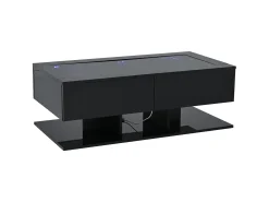 Mesa de centro com iluminação LED em lacado preto, 100x50x35 cm, com 2 gavetas e tampo em vidro.