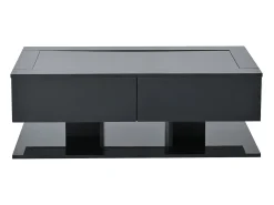 Mesa de centro com iluminação LED em lacado preto, 100x50x35 cm, com 2 gavetas e tampo em vidro.