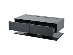 Mesa de centro com iluminação LED em lacado preto, 100x50x35 cm, com 2 gavetas e tampo em vidro.