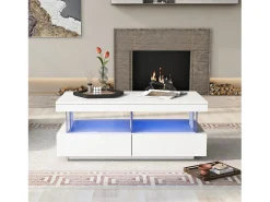 Mesa de centro com LED - 2 gavetas e 2 compartimentos - estilo moderno - Branco