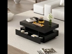 Mesa de centro com LED - acabamento brilhante - 4 gavetas frontais e traseiras - Preto