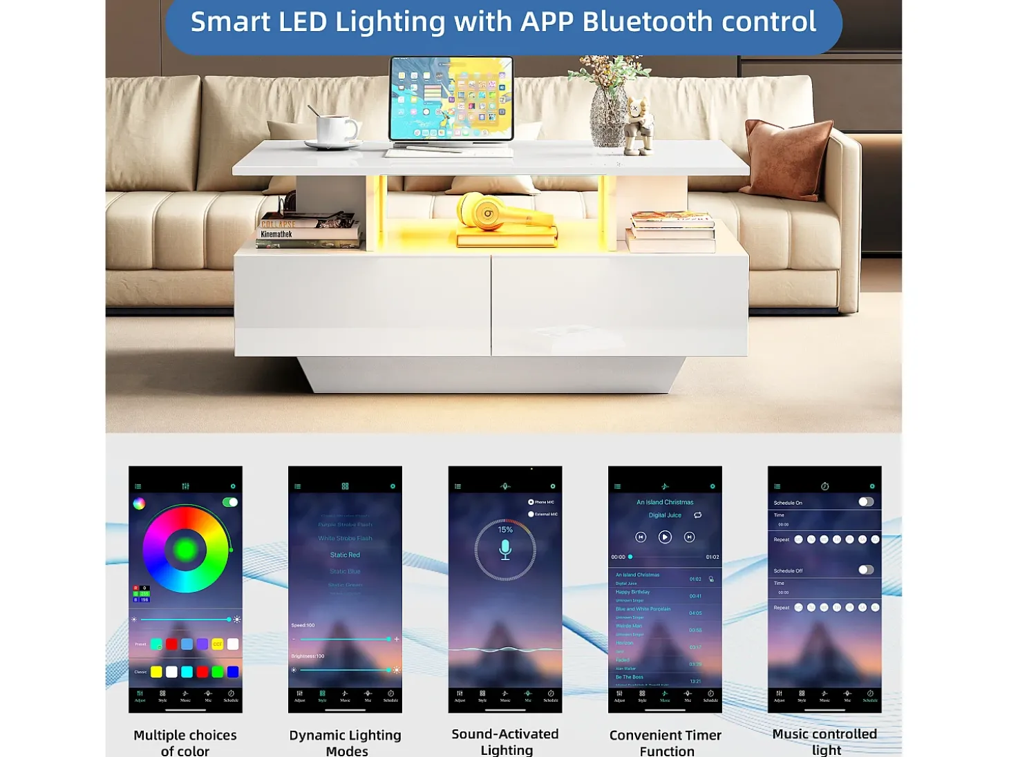 Mesa de centro com LED - com 2 gavetas - Branco