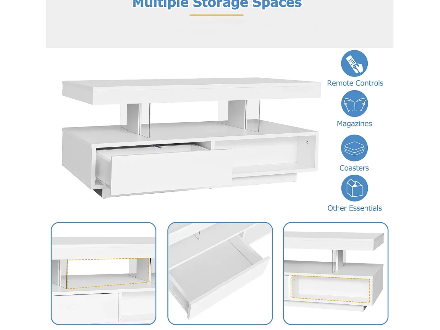 Mesa de centro com LED - gaveta e compartimentos abertos - Branco