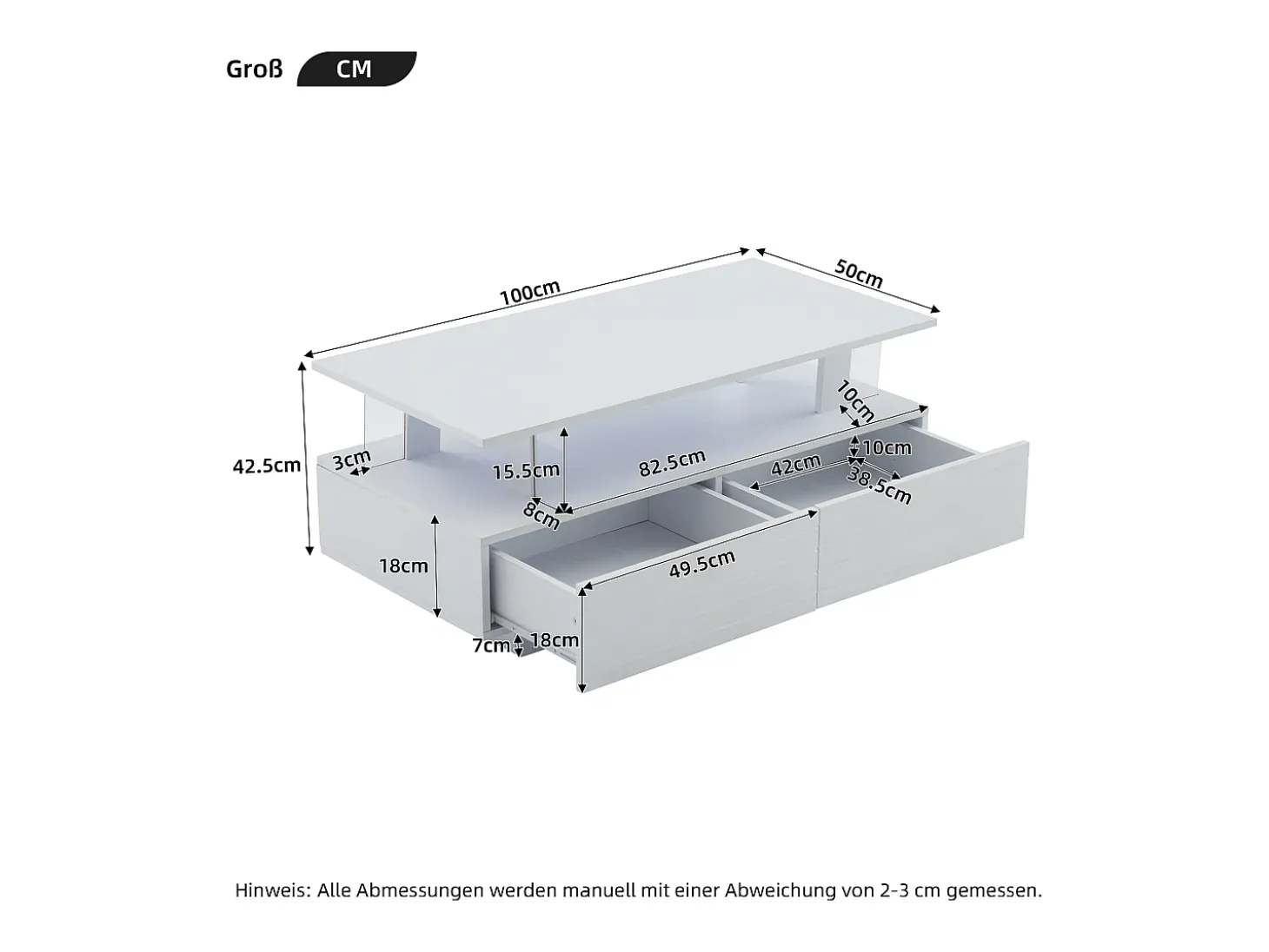Mesa de centro com LEDs - 100 x 50 x 42,5 cm - mesa de sala de estar com dois níveis e 1 gaveta - Acrílico - branco