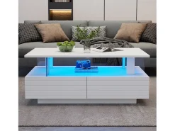 Mesa de centro com LEDs - 100 x 50 x 42,5 cm - mesa de sala de estar com dois níveis e 1 gaveta - Acrílico - branco