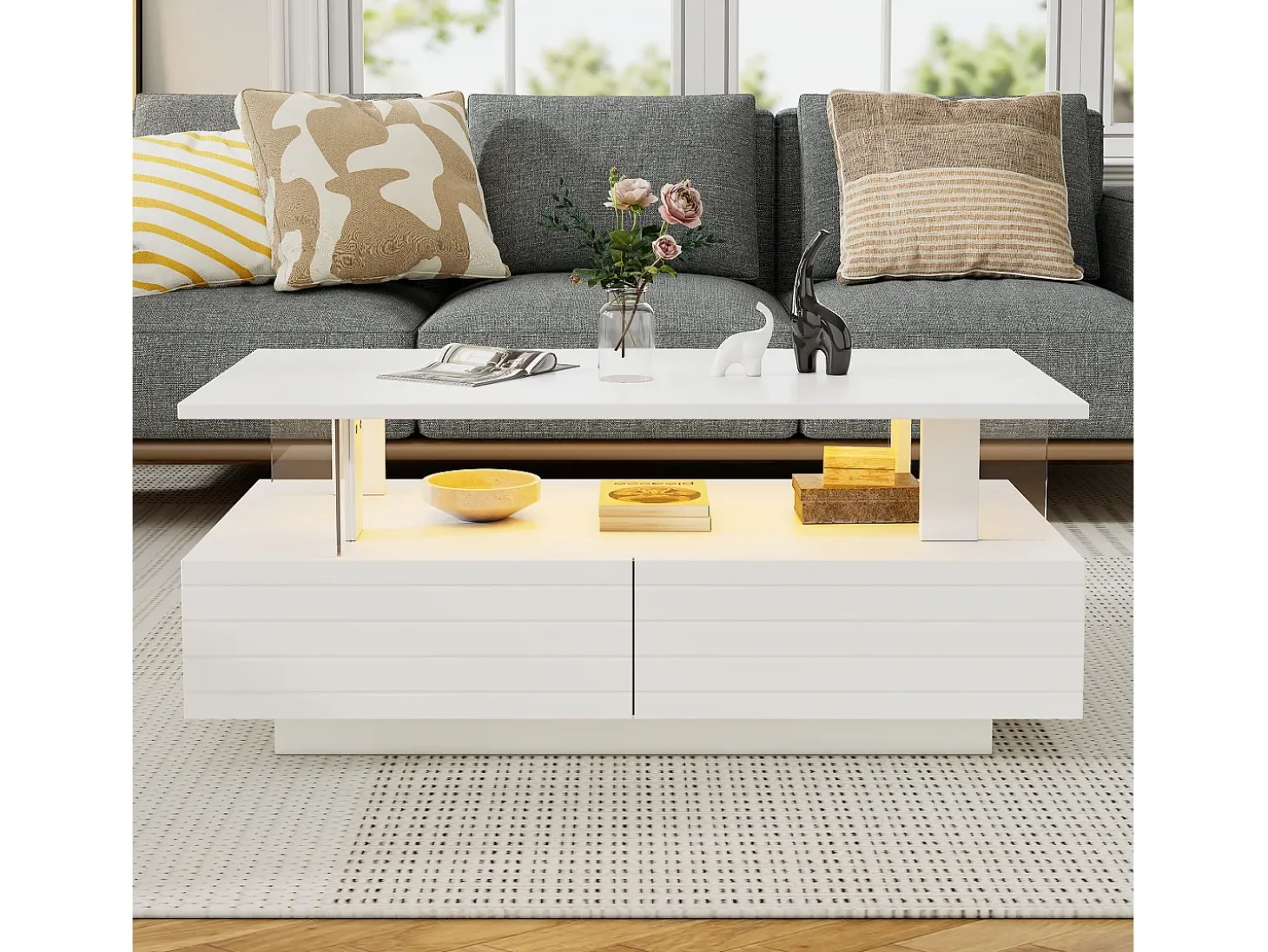 Mesa de centro com LEDs - 100 x 50 x 42,5 cm - mesa de sala de estar com dois níveis e 1 gaveta - Acrílico - branco