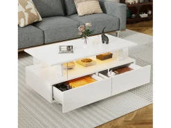 Mesa de centro com LEDs - 100 x 50 x 42,5 cm - mesa de sala de estar com dois níveis e 1 gaveta - Acrílico - branco