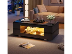 Mesa de centro com LEDs - 100 x 50 x 35 cm - Mesa dupla com Bluetooth - Aglomerado + vidro temperado - preto
