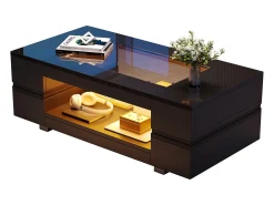 Mesa de centro com LEDs - 100 x 50 x 35 cm - Mesa dupla com Bluetooth - Aglomerado + vidro temperado - preto