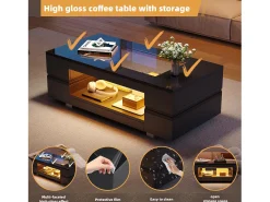 Mesa de centro com LEDs - 100 x 50 x 35 cm - Mesa dupla com Bluetooth - Aglomerado + vidro temperado - preto