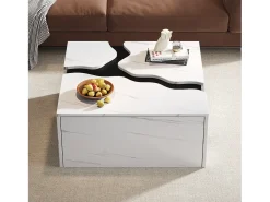 Mesa de centro com revestimento em mármore para sala de estar - 70 x 70 x 31 cm - design geométrico - com gaveta - aglomerado - branca
