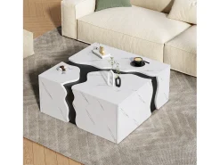 Mesa de centro com revestimento em mármore para sala de estar - 70 x 70 x 31 cm - design geométrico - com gaveta - aglomerado - branca