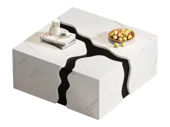 Mesa de centro com revestimento em mármore para sala de estar - 70 x 70 x 31 cm - design geométrico - com gaveta - aglomerado - branca