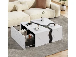 Mesa de centro com revestimento em mármore para sala de estar - 70 x 70 x 31 cm - design geométrico - com gaveta - aglomerado - branca