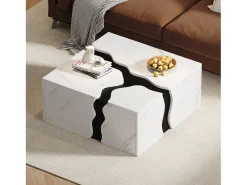 Mesa de centro com revestimento em mármore para sala de estar - 70 x 70 x 31 cm - design geométrico - com gaveta - aglomerado - branca